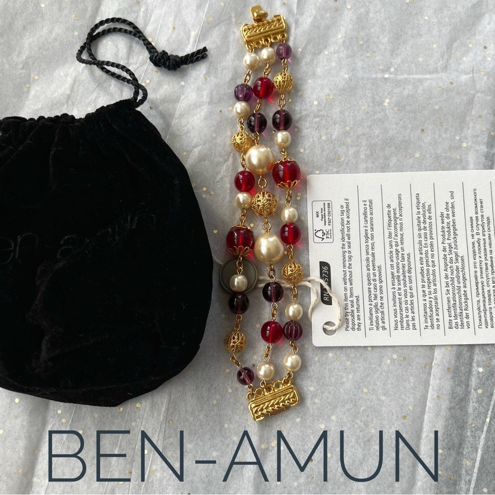 🔖Ben-Amun 24-karat Gold-plated Faux Pearl Ruby Bracelet Designer Red Purple